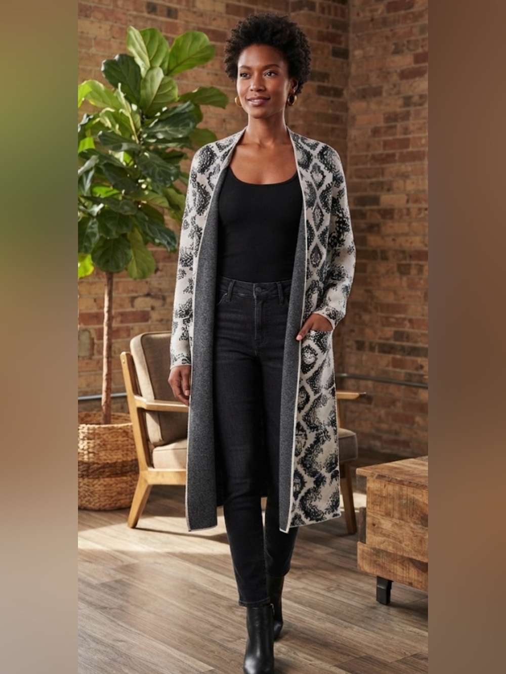 if it were me Long Open-Front Cream & Black Patterned Cardigan Size Medium